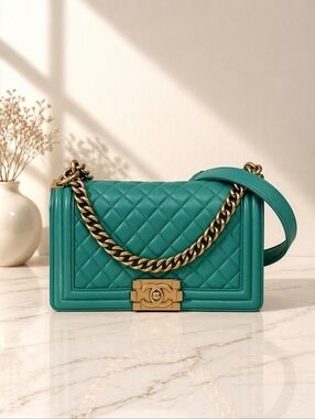 Authentic Chanel Boy Bag Medium – Green Quilted Leather | Gold Hardware